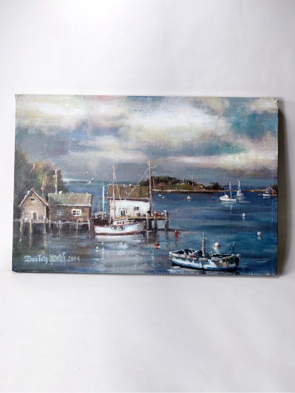 13" x 10" Original Oil Canvas Coastal Harbor Painting Blue White Darley 2004
